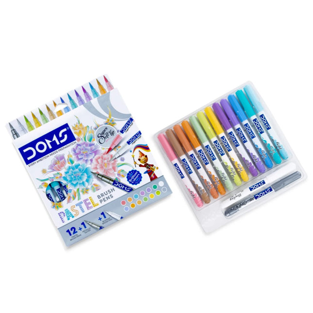 DOMS Pastel Brush Pen Set of 14 Shades, featuring vibrant colors and a colorless blender for smooth blending effects.
