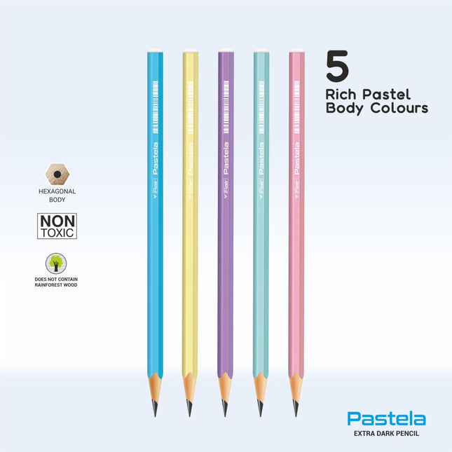 Flair Creative Pastela Extra Dark Pencils in 5 rich pastel colors with hexagonal body design.