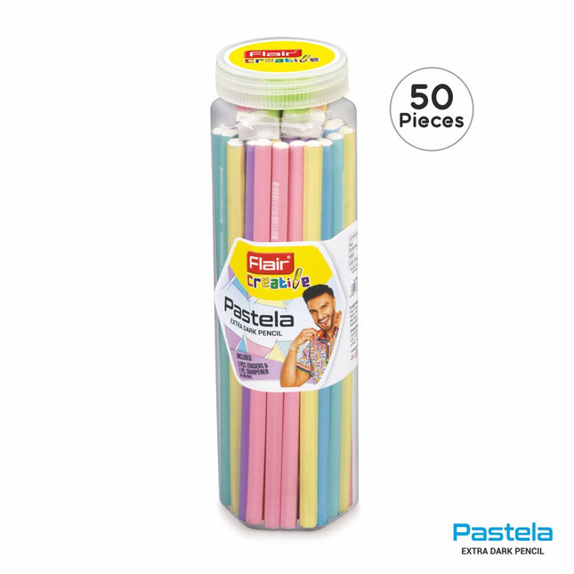Flair Creative Pastela Extra Dark Pencils in a jar, featuring 50 pastel colors for writing and sketching.