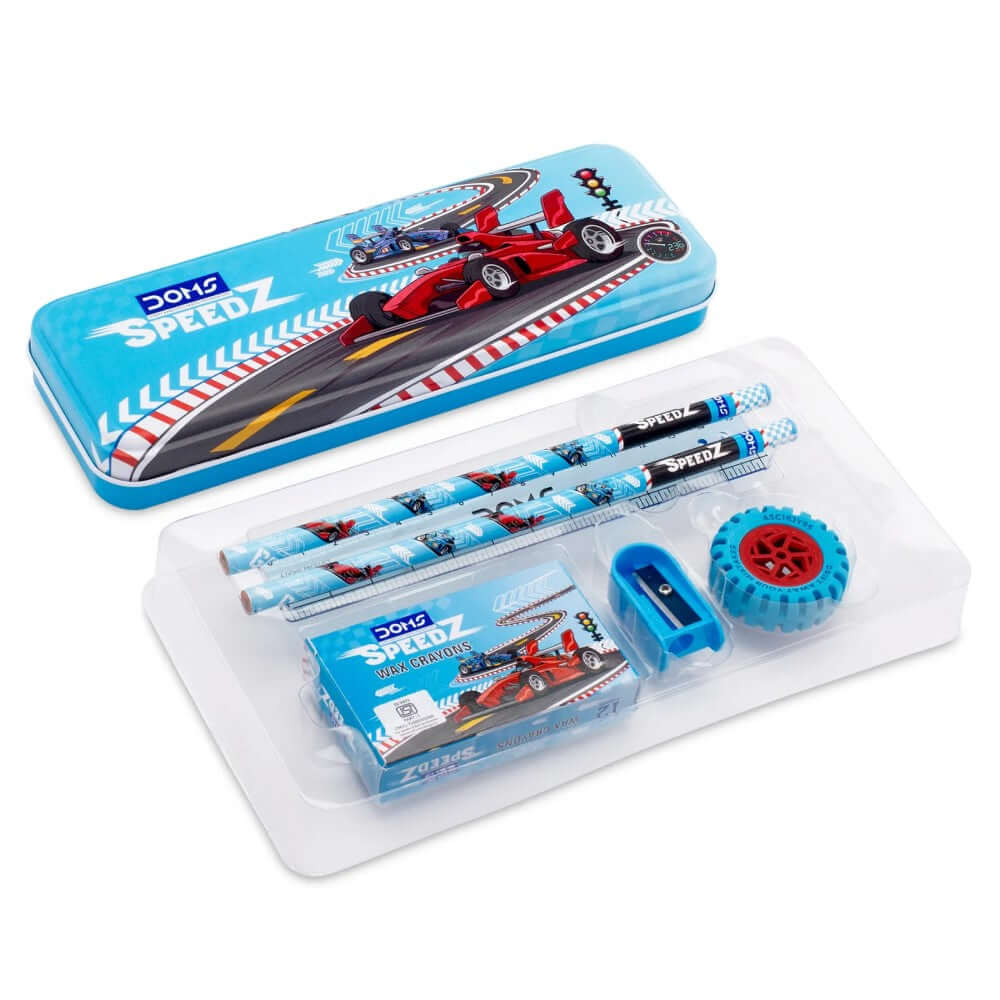 DOMS Speedz Stationery Kit with compass box, pencils, sharpener, and vibrant design for art and school use.
