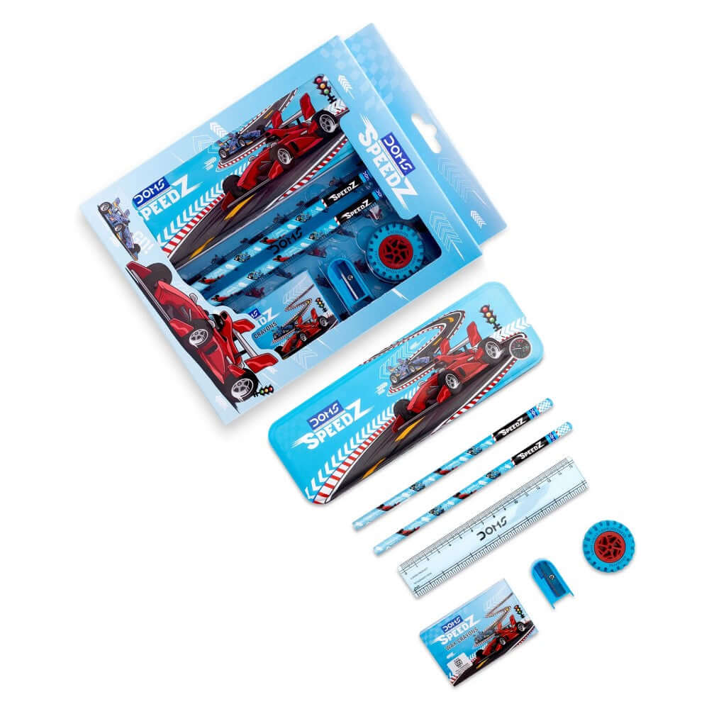DOMS Speedz Stationery Kit with compass, pencils, eraser, sharpener, and wax crayons in a blue packaging.