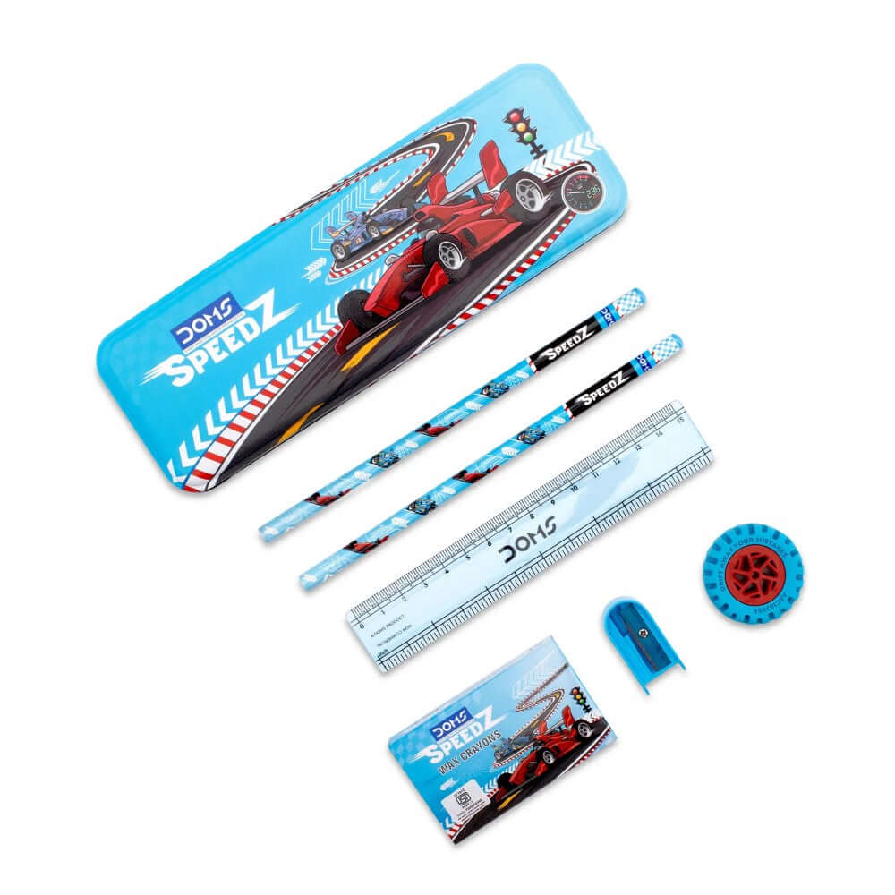 DOMS Speedz Stationery Kit featuring a compass box, pencils, ruler, and sharpener with a racing theme design.