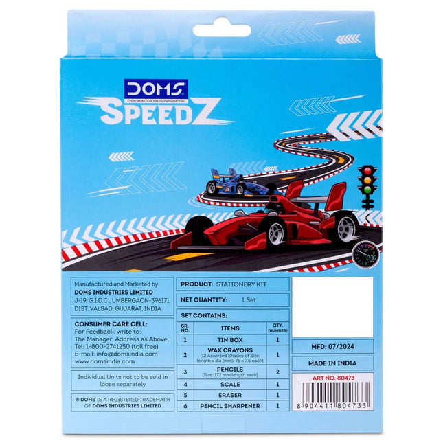DOMS Speedz Stationery Kit | Includes 1 Speedz Compass Box, 1 E-Racer Eraser, 1 Sharpener, 2 Speedz Pencils & 1 Pack of 12 Shades Wax Crayons