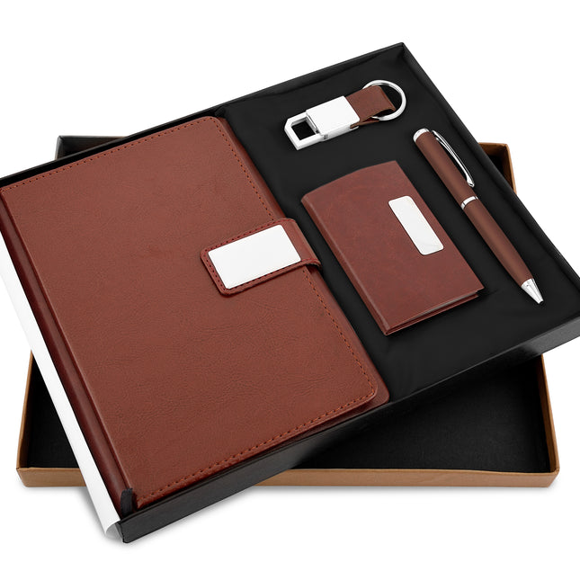 GifMor Premium 9033 Tan gift set featuring A5 diary, keychain, card holder, and pen in a sleek presentation box.