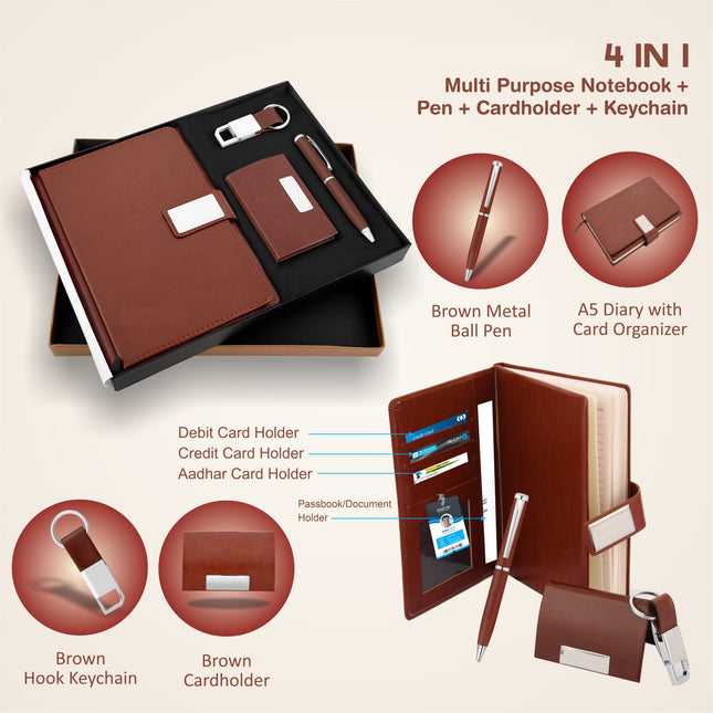 GifMor Premium 9033 Tan gift set with A5 diary, pen, card holder, and keychain in an elegant box.