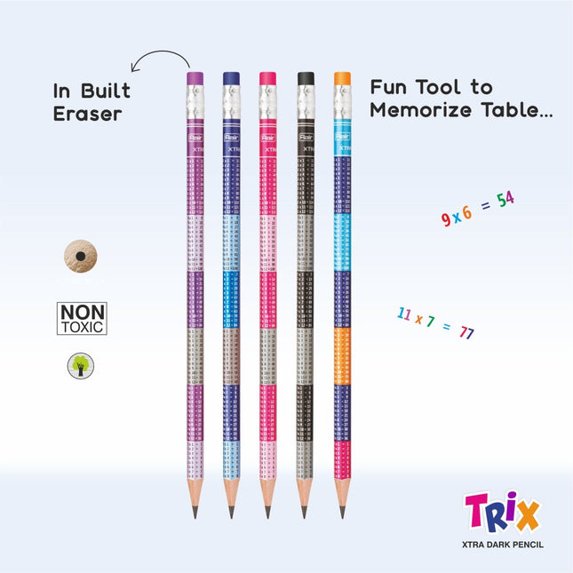 Flair Creative Trix Extra Dark Pencils with built-in erasers, ideal for school and note-taking, featuring multiplication tables.