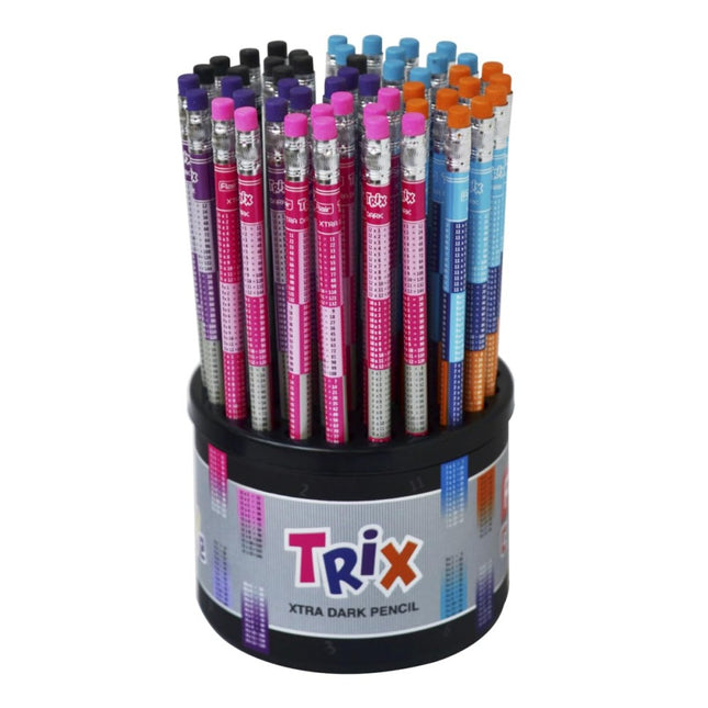Flair Creative Trix Extra Dark Pencils in a display container, featuring vibrant colors and a modern design.