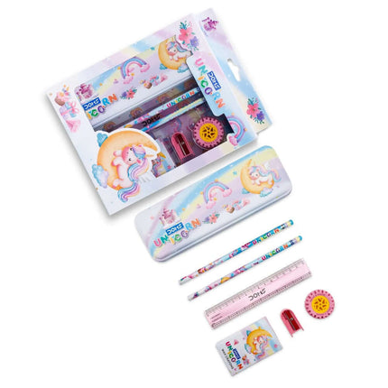DOMS Unicorn Stationery Kit | Includes 1 Unicorn Compass Box, 1 E-Racer Eraser, 1 Sharpener, 2 Unicorn Pencils & 1 Pack of 12 Shades Wax Crayons.