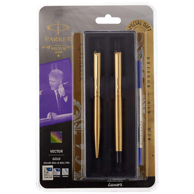 Parker Vector Gold Roller Ball Pen and Ball Pen Set | Ink Colour - Blue