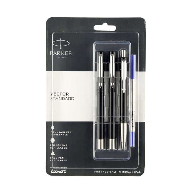 Parker Vector Standard Ball Pen, Roller Ball Pen and Fountain Pen Set | Ink Colour - Blue