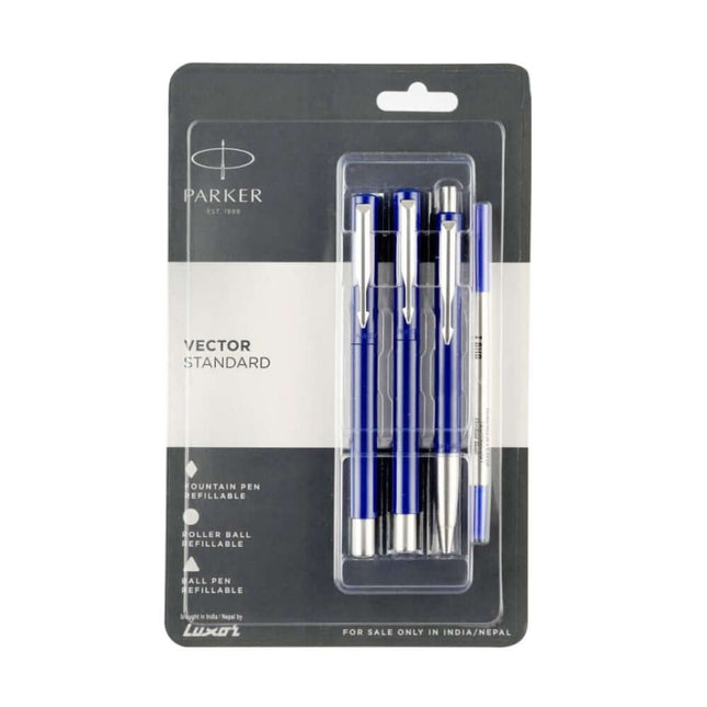 Parker Vector Standard Ball Pen, Roller Ball Pen and Fountain Pen Set | Ink Colour - Blue