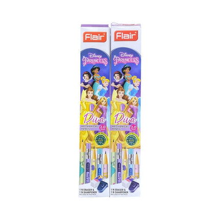 Flair Diva 2.0mm Mechanical Pencil | Pack of 10 | Includes 1 Eraser and 1 Sharpener featuring Disney Princess designs.