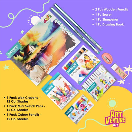Hauser Artz Art Venture Kit | Stationery Kit of 9 Assorted Items including drawing book, crayons, sketch pens, and pencils.