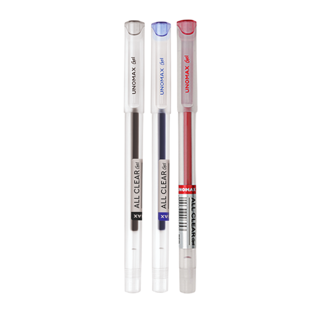 Unomax All Clear Gel Pen | Waterproof Ink | Ink Colour - Blue, Black and Red