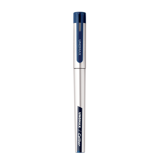 Unomax Caliber Fountain Pen | Includes 2 Ink Cartridges with a gloss-finish silver body and blue cap.