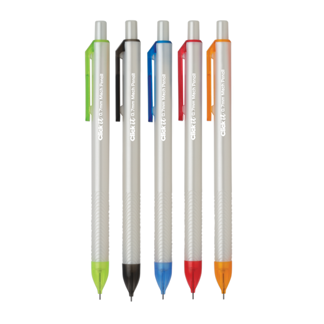 Unomax Click it Pearl Mechanical Pencil 0.7mm in five vibrant colors on display.