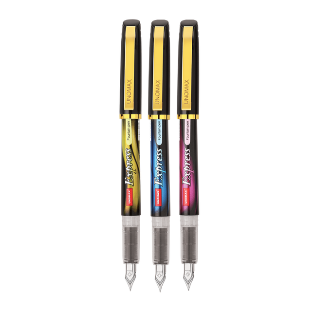 Unomax Express Gold Fountain Pen | Includes 3 Ink Cartridges and 1 Converter featuring three vibrant ink colors.