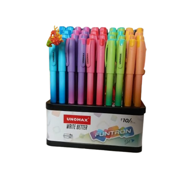 Unomax Funtron Gel Pen | Waterproof Ink | Pack of 50 | Ink Colour - Blue and Black displayed on a stand.