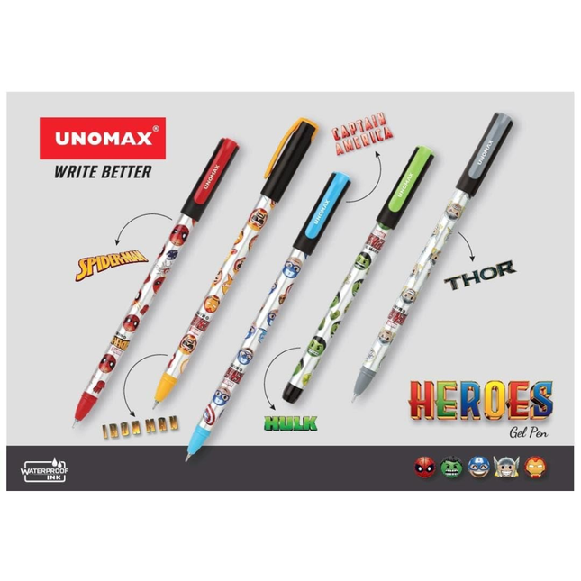 Unomax Heroes Gel Pen | Waterproof Ink | Ink Colour - Blue, featuring Marvel superhero designs for trendy writing.