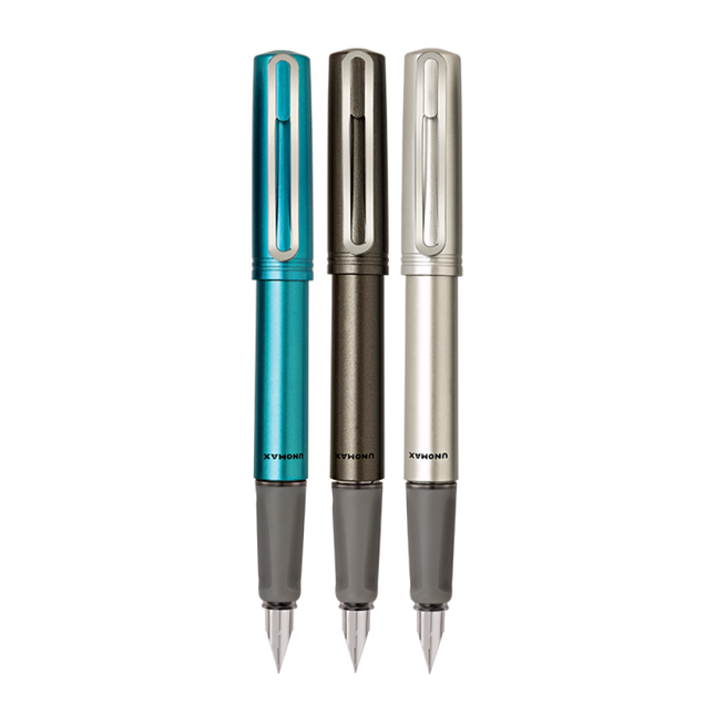 Unomax Icon Fountain Pen | Includes 3 Ink Cartridges and 1 Converter - set of three pens in various colors.