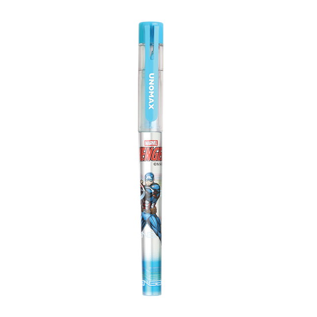Unomax Aveo Fountain Pen | Includes 2 Ink Cartridges with blue cap and Marvel character design.