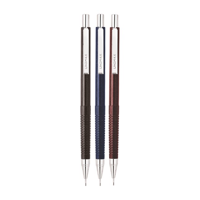 Unomax Matrix Mechanical Pencil 0.7mm | Includes 20 Leads - three colors displayed in premium finish.