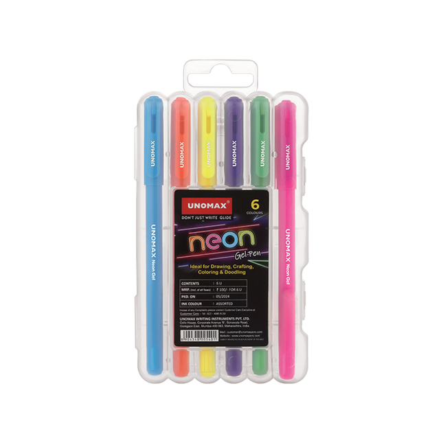 Unomax Neon Gel Pens | Set of 6 Colour Pens in a clear package showcasing vibrant colors for crafting and doodling.