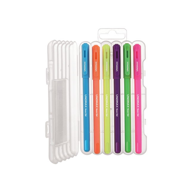 Unomax Neon Gel Pens | Set of 6 Colour Pens displayed in a clear case with vibrant hues including pink, green, and orange.