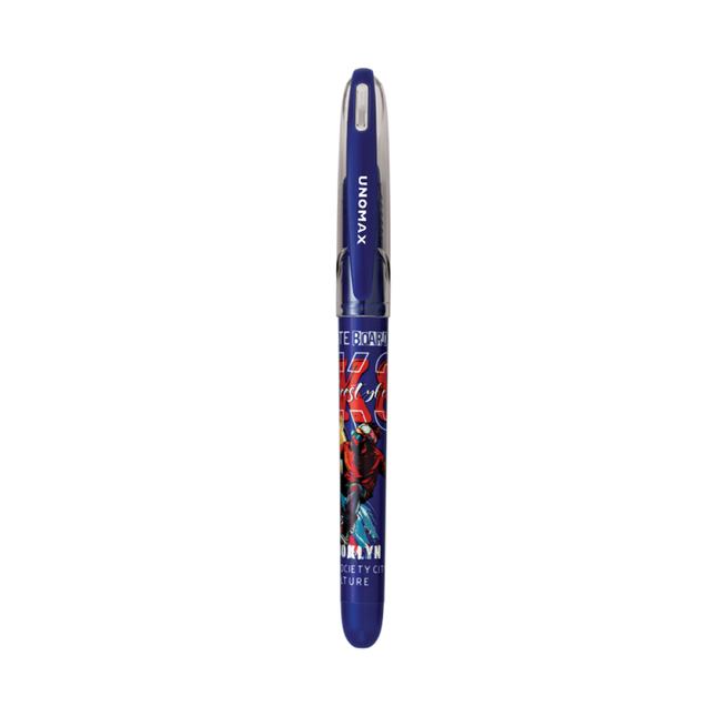 Unomax Tri-Fi Fountain Pen | Includes 2 Ink Cartridges showcased in a stylish blue design with vibrant graphics.