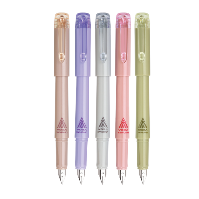 Unomax Vega Fountain Pen | Includes 2 Ink Cartridges - assorted colors of fountain pens displayed on a white background.