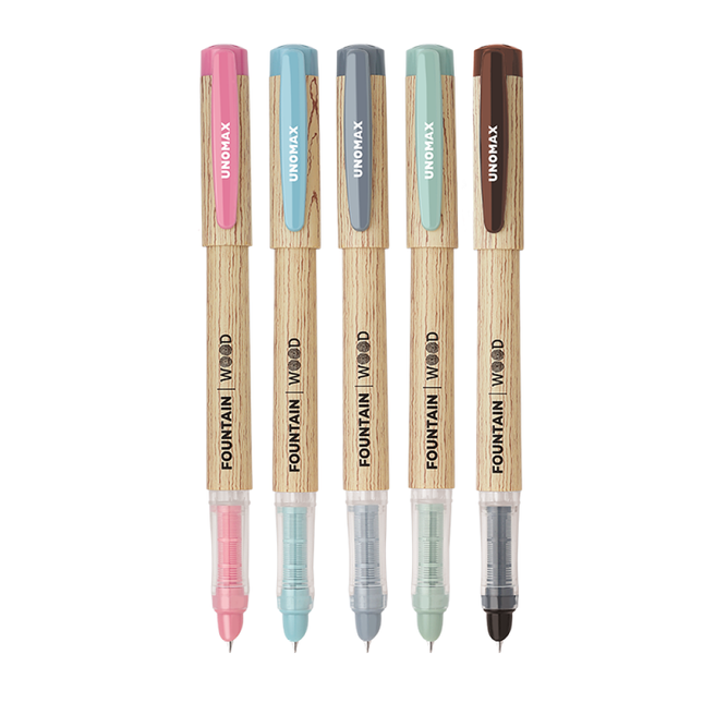 Unomax Wood Fountain Pen | Includes 2 Ink Cartridges in pink, blue, grey, green, and brown colors.
