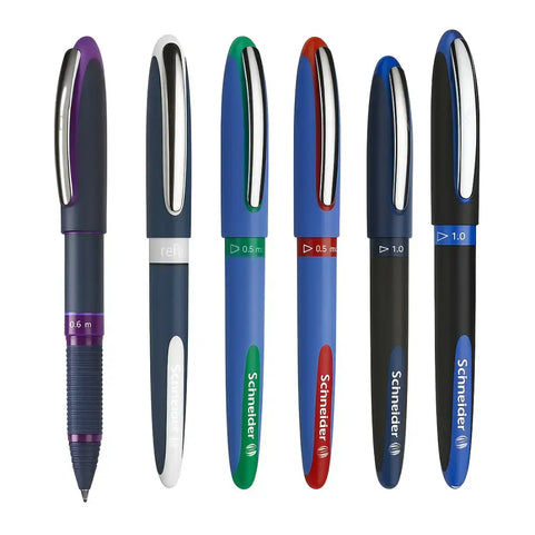 Schneider One Series rollerball pens displayed in various colors and tip sizes.