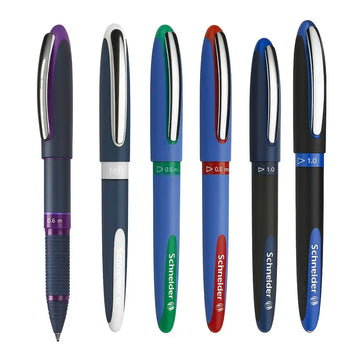 Schneider One Series rollerball pens displayed in various colors and tip sizes.