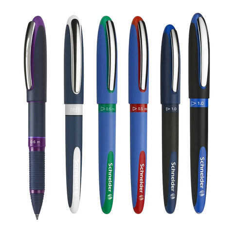 Schneider One Series rollerball pens displayed in various colors and tip sizes.