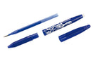 Pilot FriXion eco-friendly erasable pen in blue, featuring a unique design and made from 50% recycled plastic.