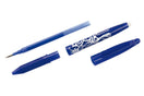Pilot FriXion eco-friendly erasable pen in blue, featuring a unique design and made from 50% recycled plastic.