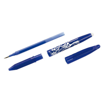 Pilot FriXion eco-friendly erasable pen in blue, featuring a unique design and made from 50% recycled plastic.