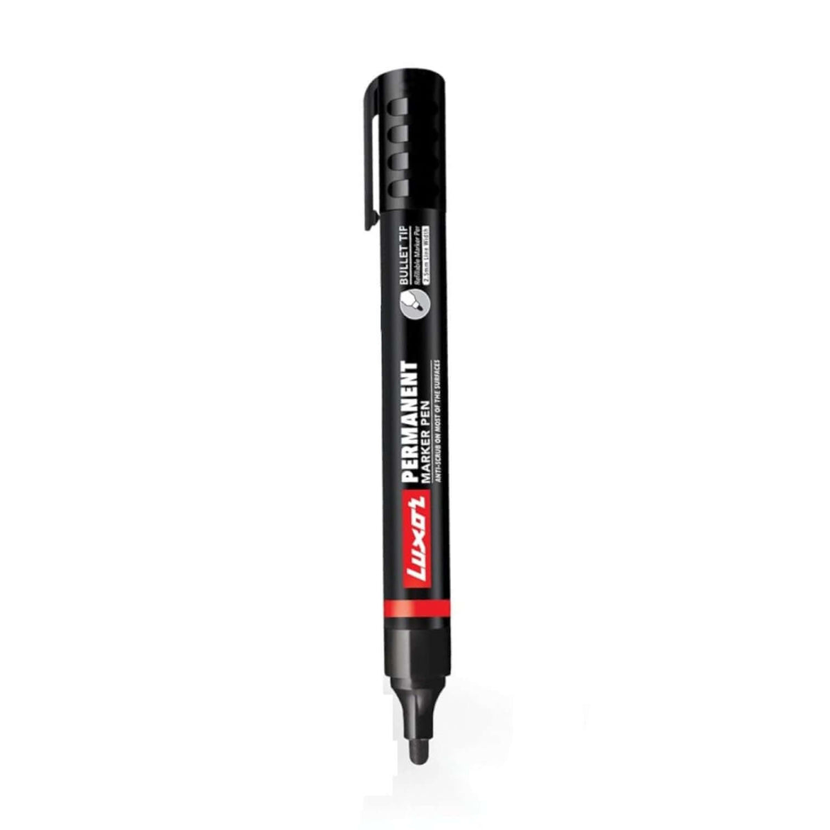 Luxor 1222 Refillable Permanent Marker | Ink Colour - Blue, Black, Red and Green in black color with red accents.