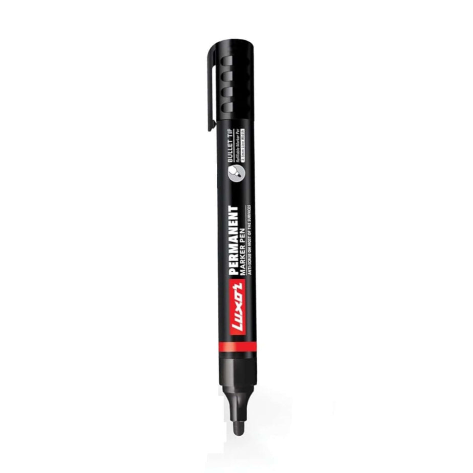 Luxor 1222 Refillable Permanent Marker | Ink Colour - Blue, Black, Red and Green in black color with red accents.