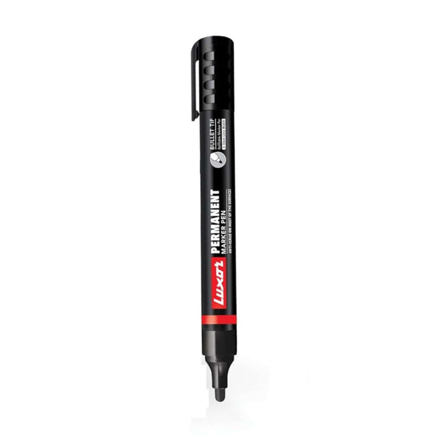 Luxor 1222 Refillable Permanent Marker | Ink Colour - Blue, Black, Red and Green in black color with red accents.