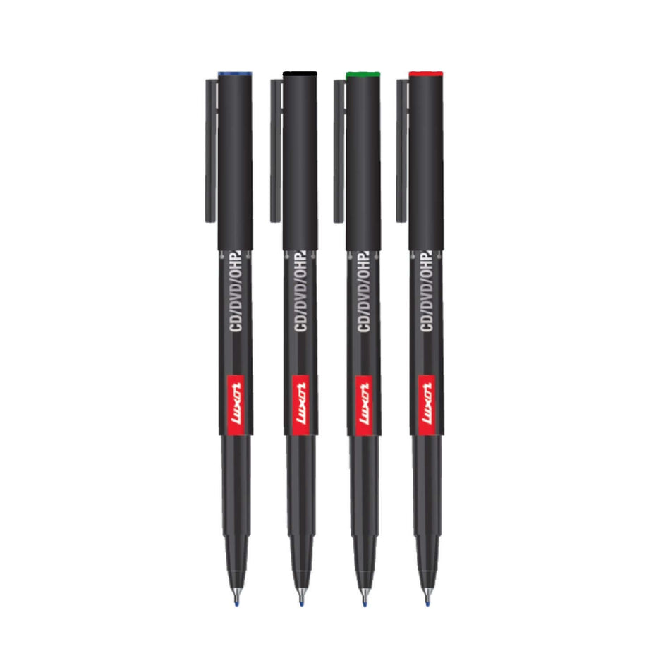 Luxor 1236 CD/DVD/OHP Marker | Ink Colour - Blue, Black, Red and Green set of four markers.