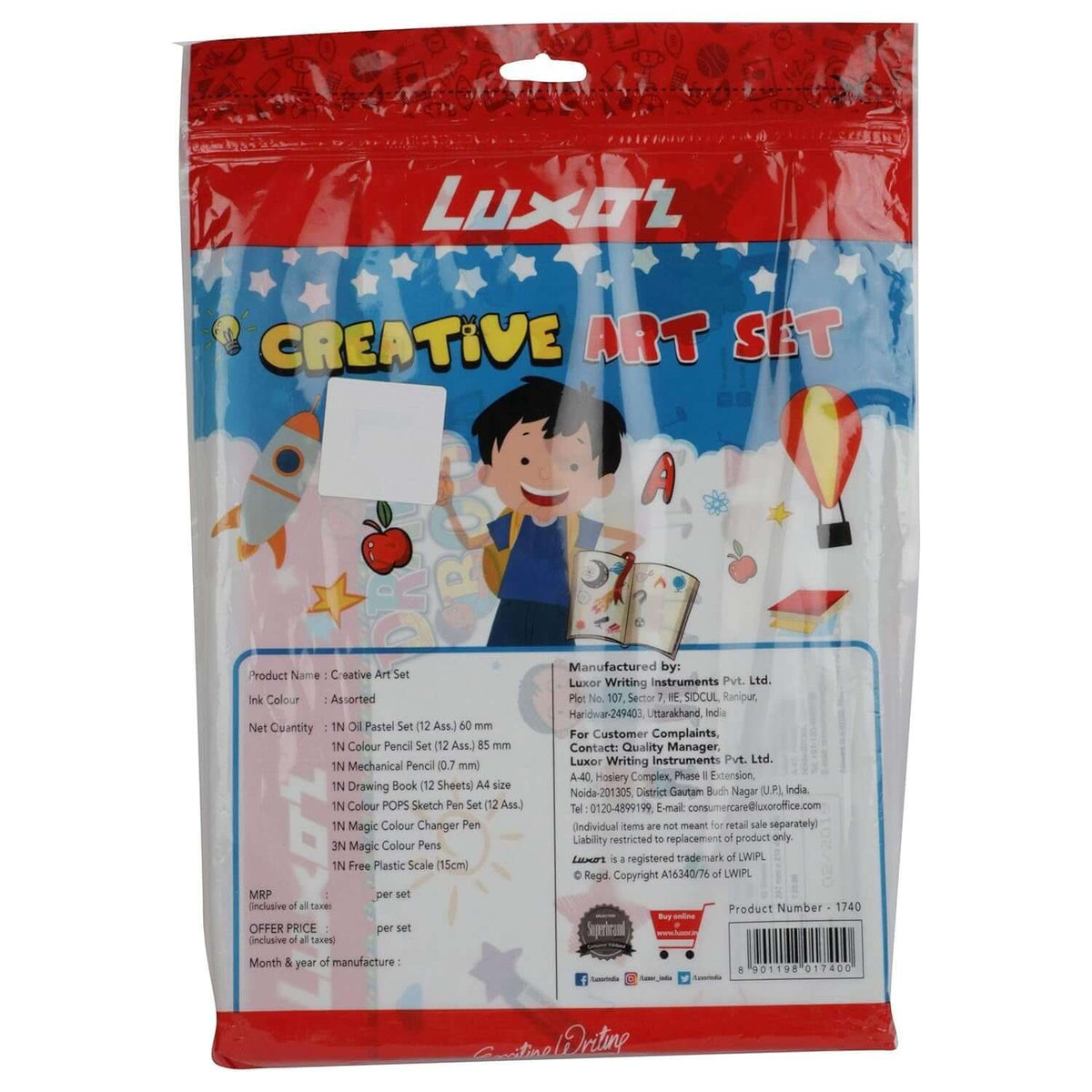 Luxor Creative Art Set | Stationery Kit of 8 Items packaging featuring vibrant design and product details.