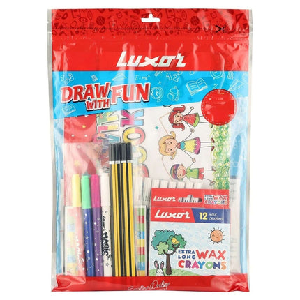Luxor Draw with Fun Set | Stationery Kit of 7 Items featuring vibrant art supplies and drawing book.