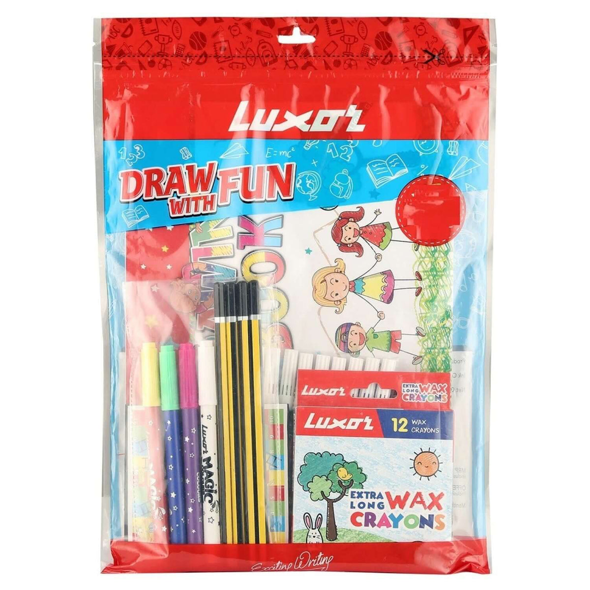 Luxor Draw with Fun Set | Stationery Kit of 7 Items featuring vibrant art supplies and drawing book.