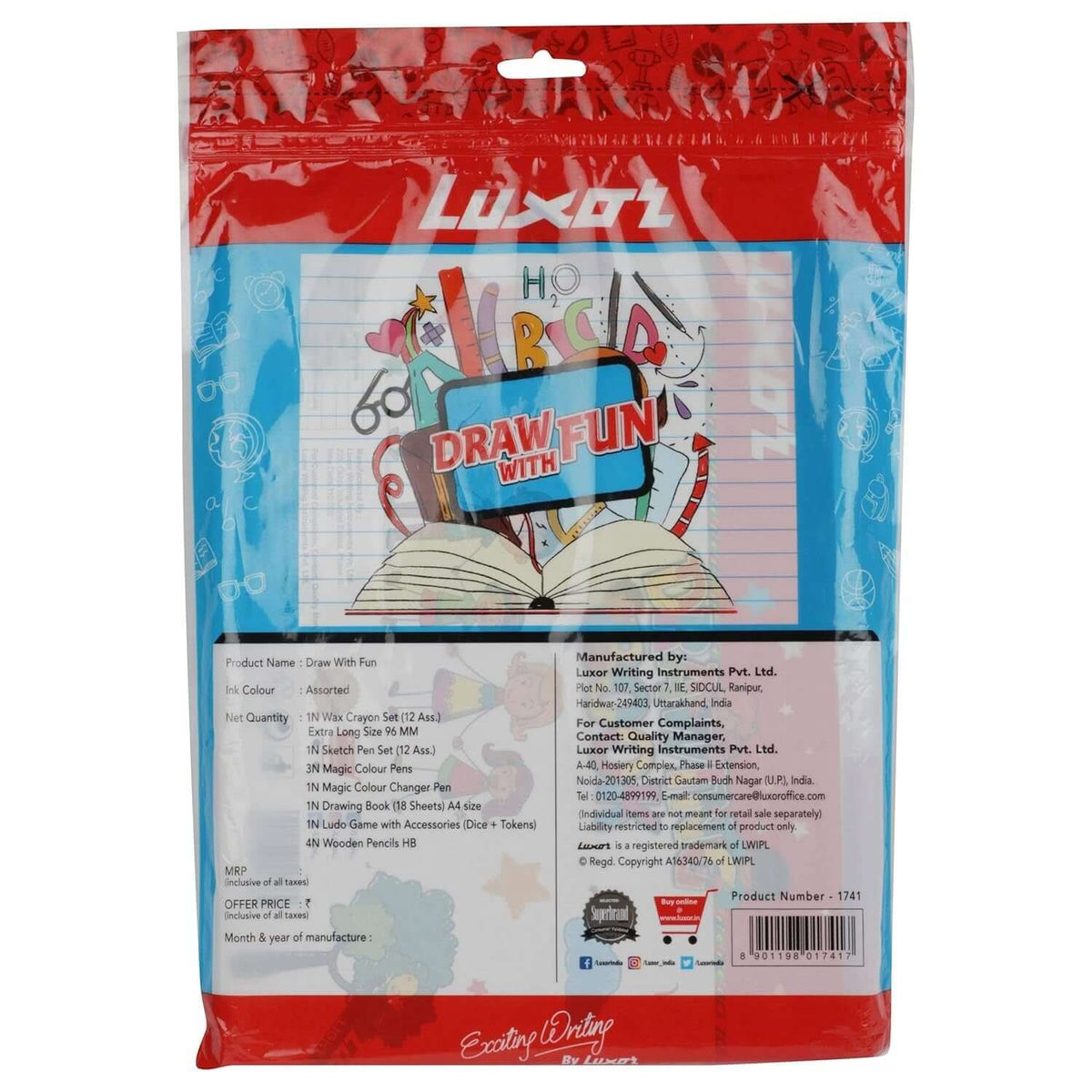 Luxor Draw with Fun Set | Stationery Kit of 7 Items packaging showcasing creative art supplies and vibrant design.