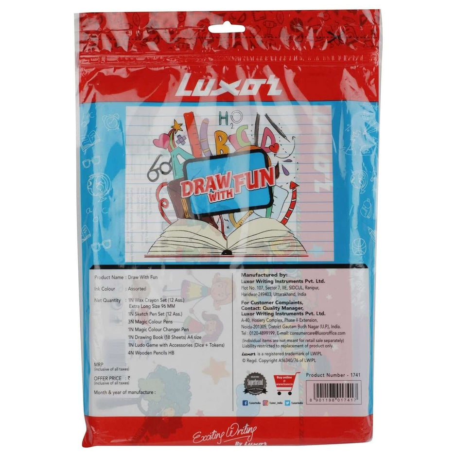 Luxor Draw with Fun Set | Stationery Kit of 7 Items packaging showcasing creative art supplies and vibrant design.