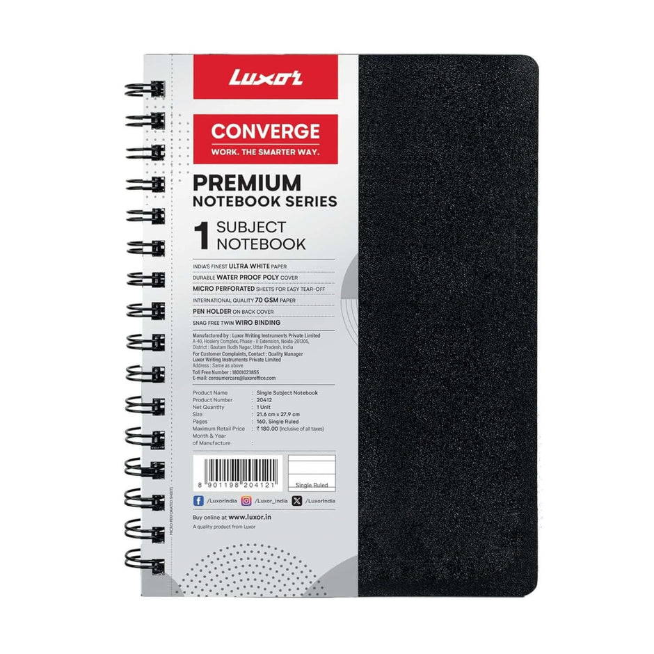 Luxor Premium Converge Note Book | Single Subject | Size - 21.6cm x 27.9cm - black spiral-bound notebook cover