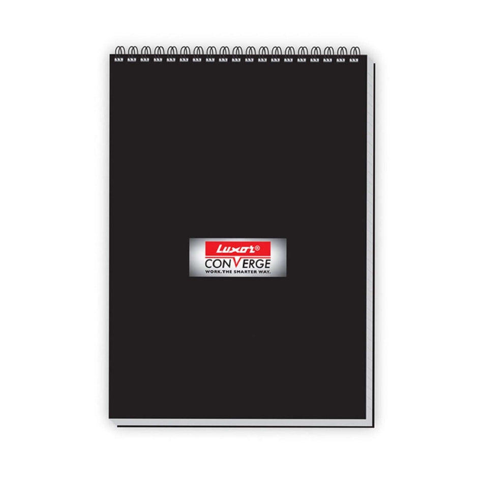 Luxor Converge Pocket Note Book | Size - 7.4cm x 10.5cm with a black cover and spiral binding.