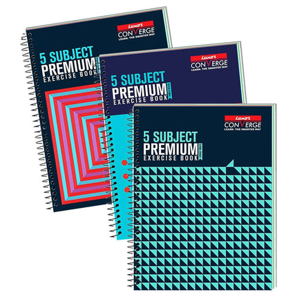 Luxor Premium 5 Subject Note Book | Size - 18cm x 24cm | Pack of 3 featuring colorful covers and spiral binding.