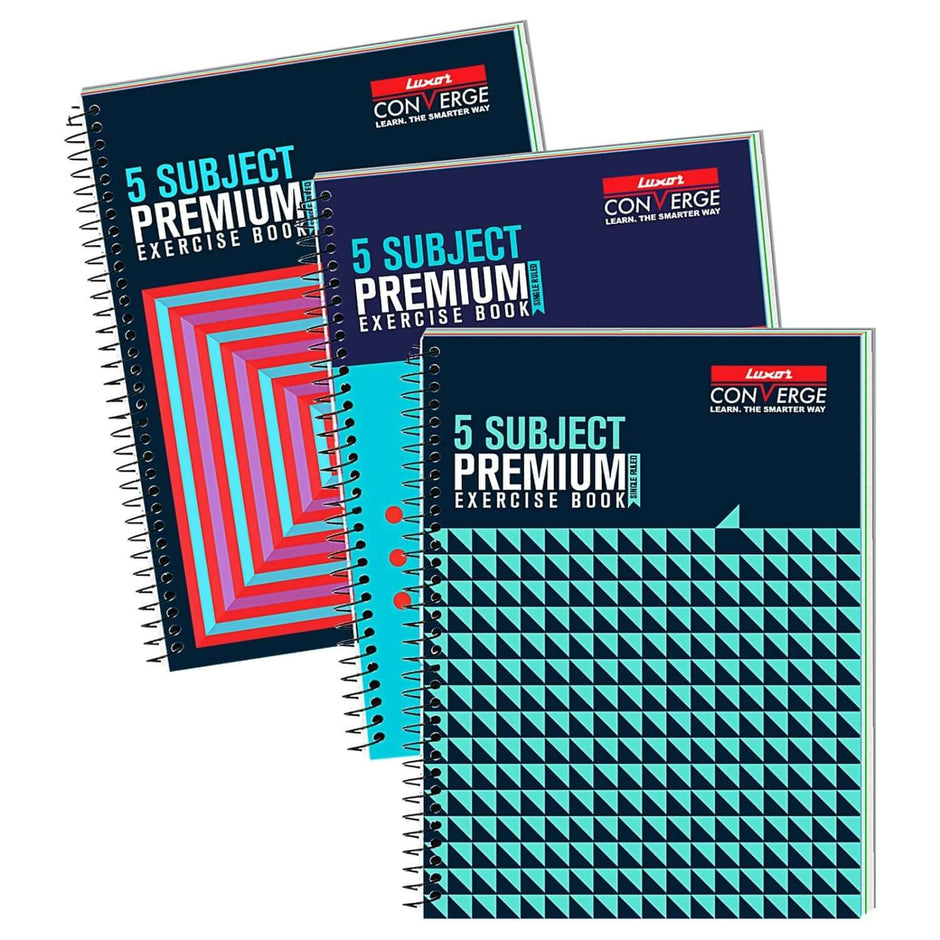 Luxor Premium 5 Subject Note Book | Size - 18cm x 24cm | Pack of 3 featuring colorful covers and spiral binding.